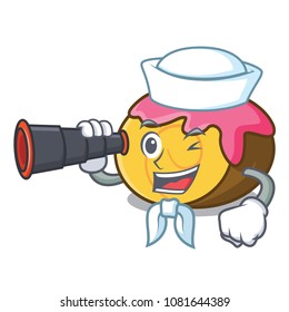 Sailor with binocular swiss roll mascot cartoon