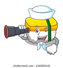 Sailor with binocular tamago sushi in a shape cartoon