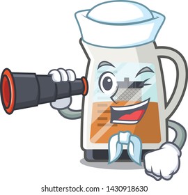 Sailor with binocular tea maker is served in cartoon bottle