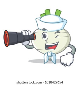 Sailor with binocular turnip mascot cartoon style