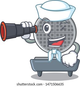 Sailor with binocular waffle iron in cartoon kitchen cabinet