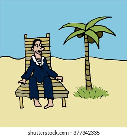 sailor in blue vest and relaxing in a deckchair on the beach under a palm tree comic vector illustration