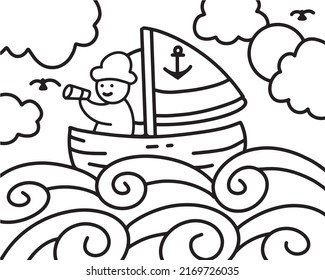 The sailor boy holding binocular on the boat in the ocean wave, vector cartoon illustration, for coloring book or page, with cloud and birds in the sky