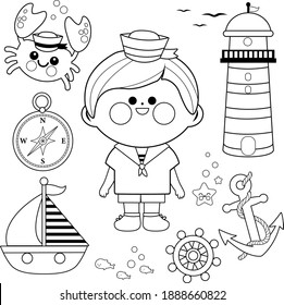 Sailor boy and nautical illustration set. Vector black and white coloring page