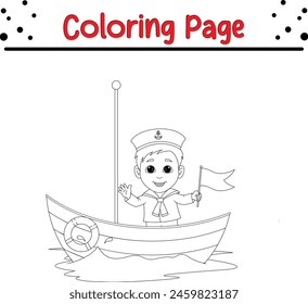 sailor boy waving wooden boat coloring book page for kids.