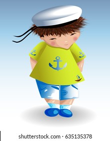 A sailor boy in a white naval hat, a green T-shirt with a painted anchor. Recreation, marine theme