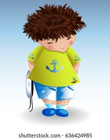 A sailor boy in a white naval hat, a green T-shirt with a painted anchor, blue shorts. Recreation, marine theme