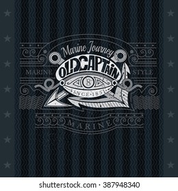 Sailor Cap in Center With Harpoon And Anchor Cross Behind. Sea Vintage Label On Blackboard