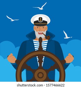 Sailor in a cap with pipe at helm of ship
