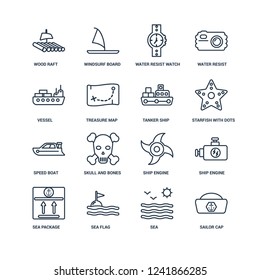 Sailor cap, Sea, sea flag, Package, Ship Engine, Wood Raft, Vessel, Speed boat, Tanker outline vector icons from 16 set