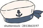 Sailor captain hat white and navy Clipart, Cute Nautical Ocean Marine Vector, Hand Drawn flat color Kids Nursery Sublimation Graphic Element