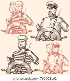 Sailor captain at the helm smoking a pipe with a parrot on his shoulder. Design set. Hand drawn engraving. Vector vintage illustration. Isolated on light background. 8 EPS