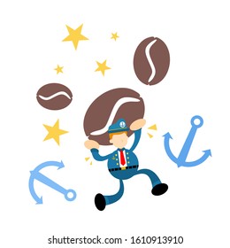 sailor captain navy and brown coffee bean cartoon doodle flat design style vector illustration