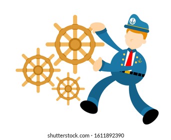 sailor captain navy and ship control wheel gear cartoon doodle flat design style vector illustration