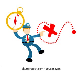 sailor captain navy use compass to map mark treasure gift cartoon doodle flat design style vector illustration