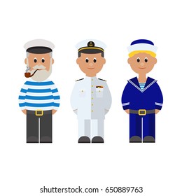 Sailor, Captain of the ship, Boatswain. Set of cartoon flat characters. Vector illustration isolated on white background.