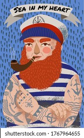 A sailor in a captain's cap is smoking a pipe. The captain with a red beard, in a vest, looks like a boatswain.