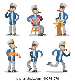 Sailor Cartoon Character Set. Old Captain in Uniform. Vector illustration