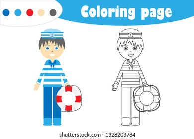 Sailor in cartoon style, coloring page, education paper game for the development of children, kids preschool activity, printable worksheet, vector illustration