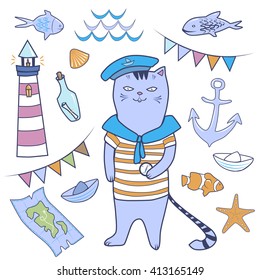 Sailor cat and attributes of the sea image.Vector illustration.