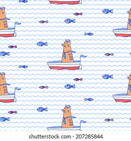 Sailor cat in a boat. Vector seamless pattern.