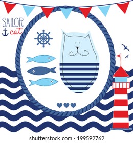 sailor cat with fish vector illustration