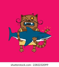 Sailor cat with a mustache holds a big fish in his hands, Cat and Shark, vector illustration 