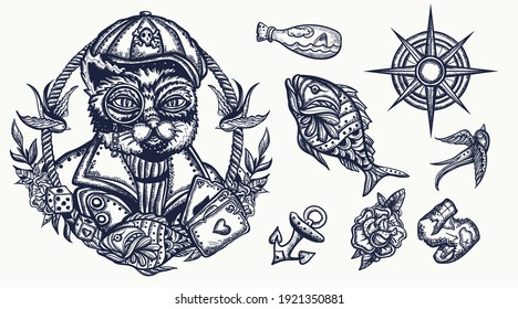 Sailor cat. Sea adventure old school tattoo vector elements. Funny pets art, animals hand drawn 