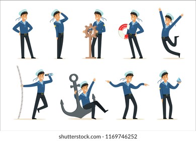 Sailor character doing his job set. Seaman in different situations cartoon vector Illustrations