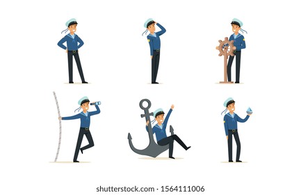 Sailor Character on Board Doing Work Vector Illustrations Set