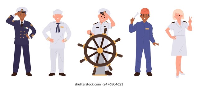 Sailor children cartoon characters set wearing uniform standing isolated on white background