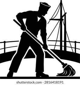 Sailor cleaning ship deck, nautical scene, vector illustration.