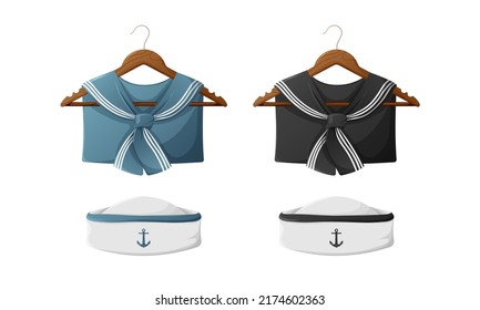 Sailor collar on a hanger and white hat in classic blue and black with anchor. Marine clothes and uniform. Vector illustration, nautical style. Concept of journey, sea travel and work, marine trip.