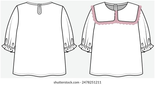 SAILOR COLLAR WOVEN TOP WITH ELBOW PUFF SLEEVES DETAIL DESIGNED FOR TODDLER GIRL AND KID GIRL IN VECTOR