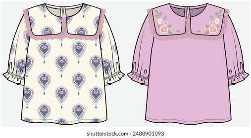 SAILOR COLLAR WOVEN TOP WITH ELBOW PUFF SLEEVES DETAIL DESIGNED FOR TODDLER GIRL AND KID GIRL IN VECTOR