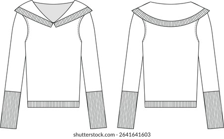 sailor collared neck long sleeve ribbed cuff hem knitted fit sweater knitwear template technical drawing flat sketch cad mockup fashion woman design style model 