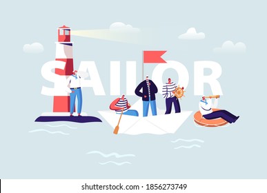 Concepto de marinero. Caracteres masculinos de tripulación de barco en uniforme. Capitán, marineros en chalecos desnudos en el volante de la dirección y en la boya de la vida. Afiche de afiche de la ocupación de empleo marítimo. Ilustración de vectores de personas de caricatura