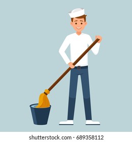 the sailor dipping the MOP in a bucket of water.vector illustration isolated from background, nautical theme
