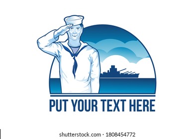 Marinero rindiendo homenaje al barco de guerra en segundo plano y lugar para el texto