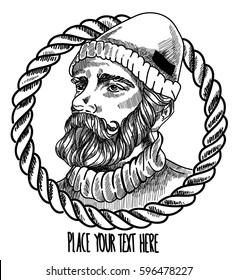 Sailor. Drawing by hand in vintage style. A man with a beard, a sweater and a hat. Thick beard.