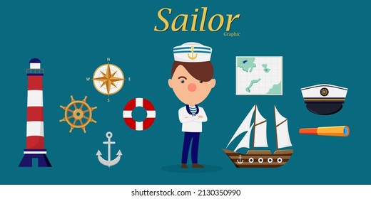 El constructor de vestimenta de marinero conjunto puede elegir marinero de vestuario, hombre, luz, casa, timón, ancla, brújula, salvavidas, mapa, barco, sombrero. Diseño de caracteres de ilustración vectorial de dibujos animados