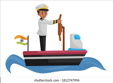 Sailor is driving the boat. Vector graphic illustration. Individually on a white background.