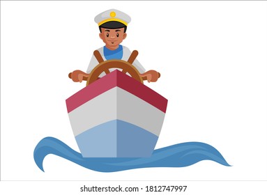 Sailor is driving ship in the sea. Vector graphic illustration. Individually on a white background.