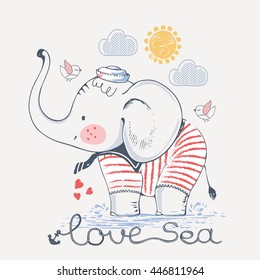 Sailor Elephant, ilustración vectorial hecha a mano, se puede utilizar para el diseño de pantalones para niños o bebés, diseño de estampado de moda, gráfico de moda, pantalones en t, uso infantil