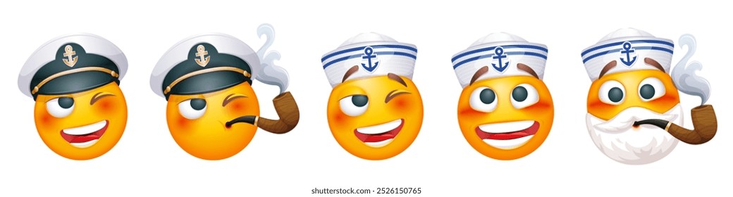 Emoji marinero sobre fondo blanco. Emoticono marino con sombrero de marinero, gorra azul marino y pipa de tabaco. Conjunto de lindos emoticonos