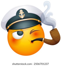 Emoji marinero con pipa de tabaco sobre fondo blanco. Emoticono marino con gorra azul marino. Lindo emoticono