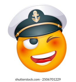 Sailor emoji winking on white background. Marine emoticon with navy cap. Cute emoticon