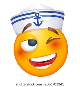 Seemann Emoji, der auf weißem Hintergrund zwinkert. Marine Emoticon mit Seemannshut. Niedliches Emoticon