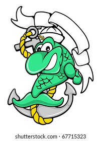 A sailor fish riding an anchor with a banner.