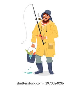 Sailor fisherman with a fishing rod and a bucket of fish. A man in a yellow raincoat with a fishing rod and a smoking pipe. Cartoon vector character